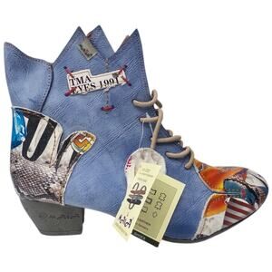 TMA EYES Blue Patchwork Abstract  Snakeskin Print Leather Boots 8.5